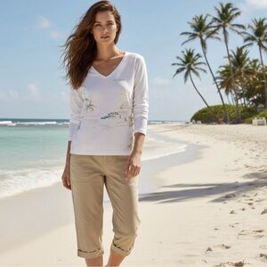 Chico's Coastal White and Beige Long Sleeve Top